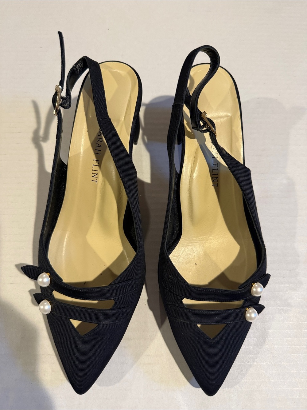 Sarah Flint Black Slingback Flats with Pearl Detail